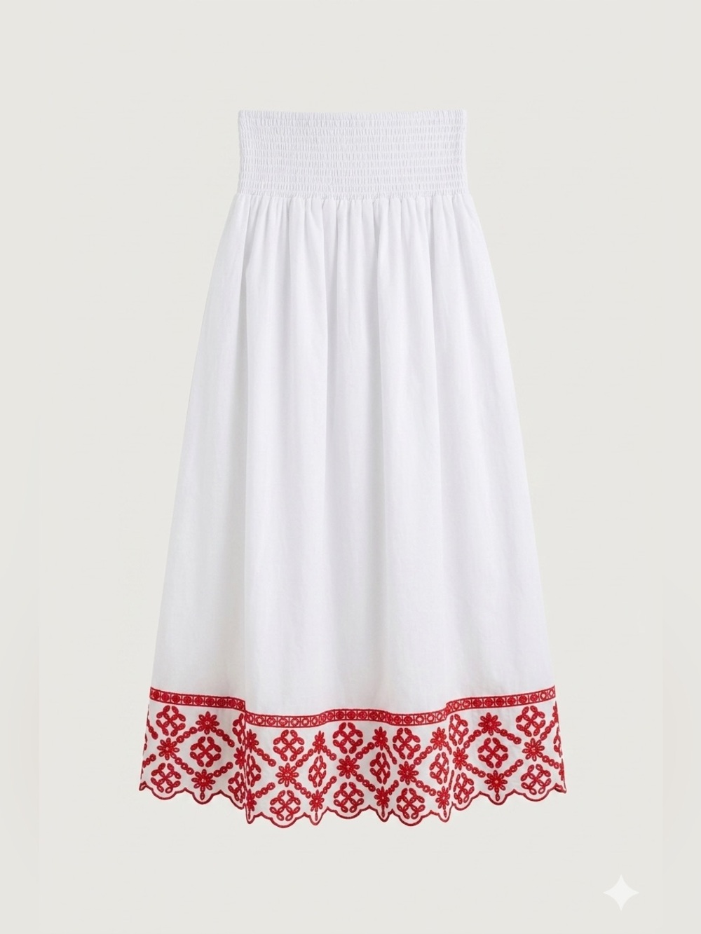 Ann Mashburn White Smocked Maxi Skirt with Red Embroidered Hem
